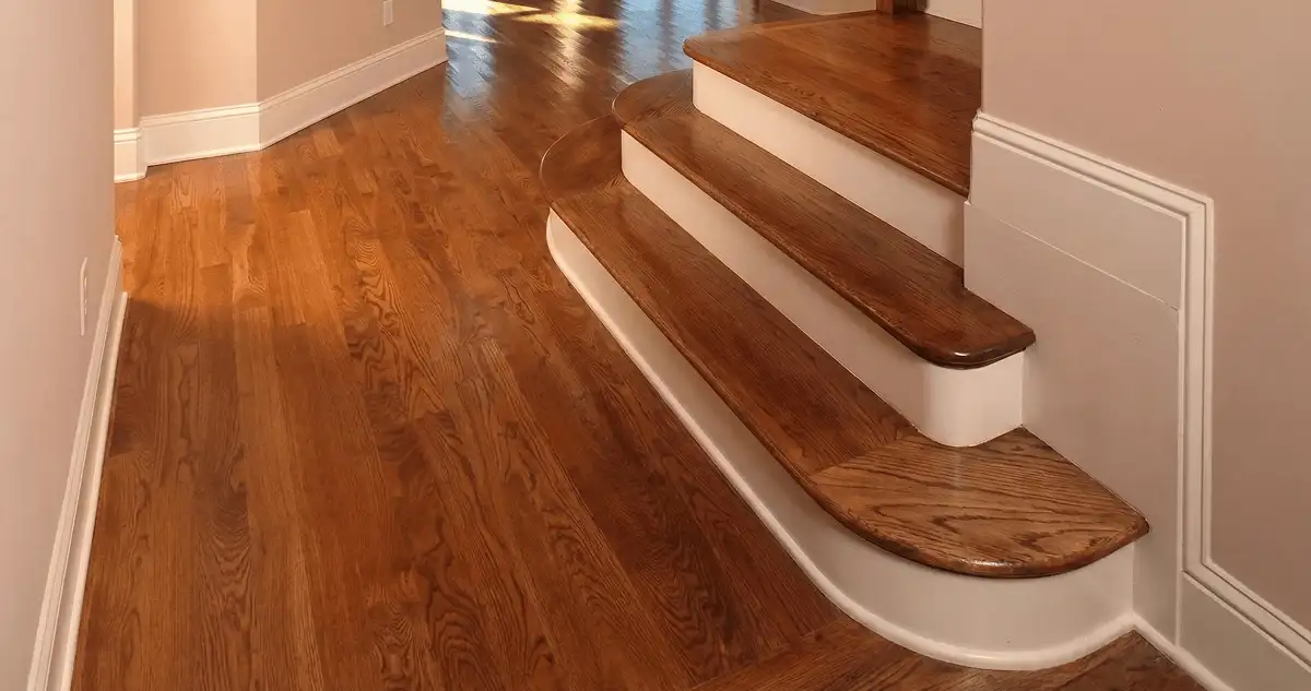 Base floor of a staircase with professionally restored wood flooring in Toledo OH