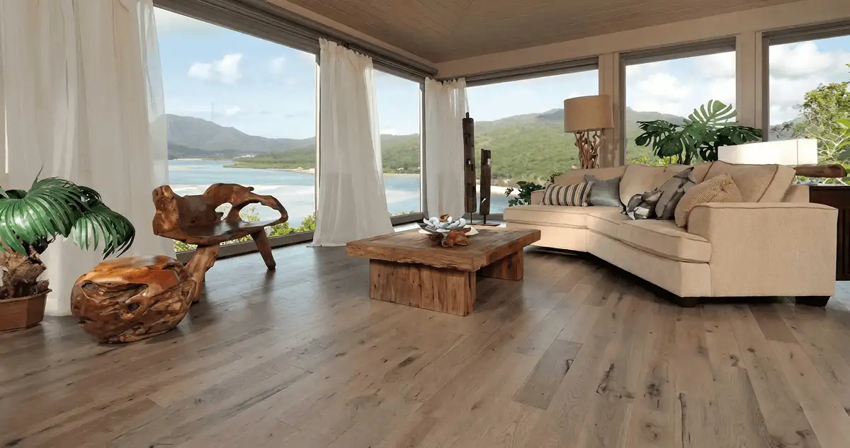 Professionally installed vinyl flooring in a modern living room with large windows in Toledo, OH
